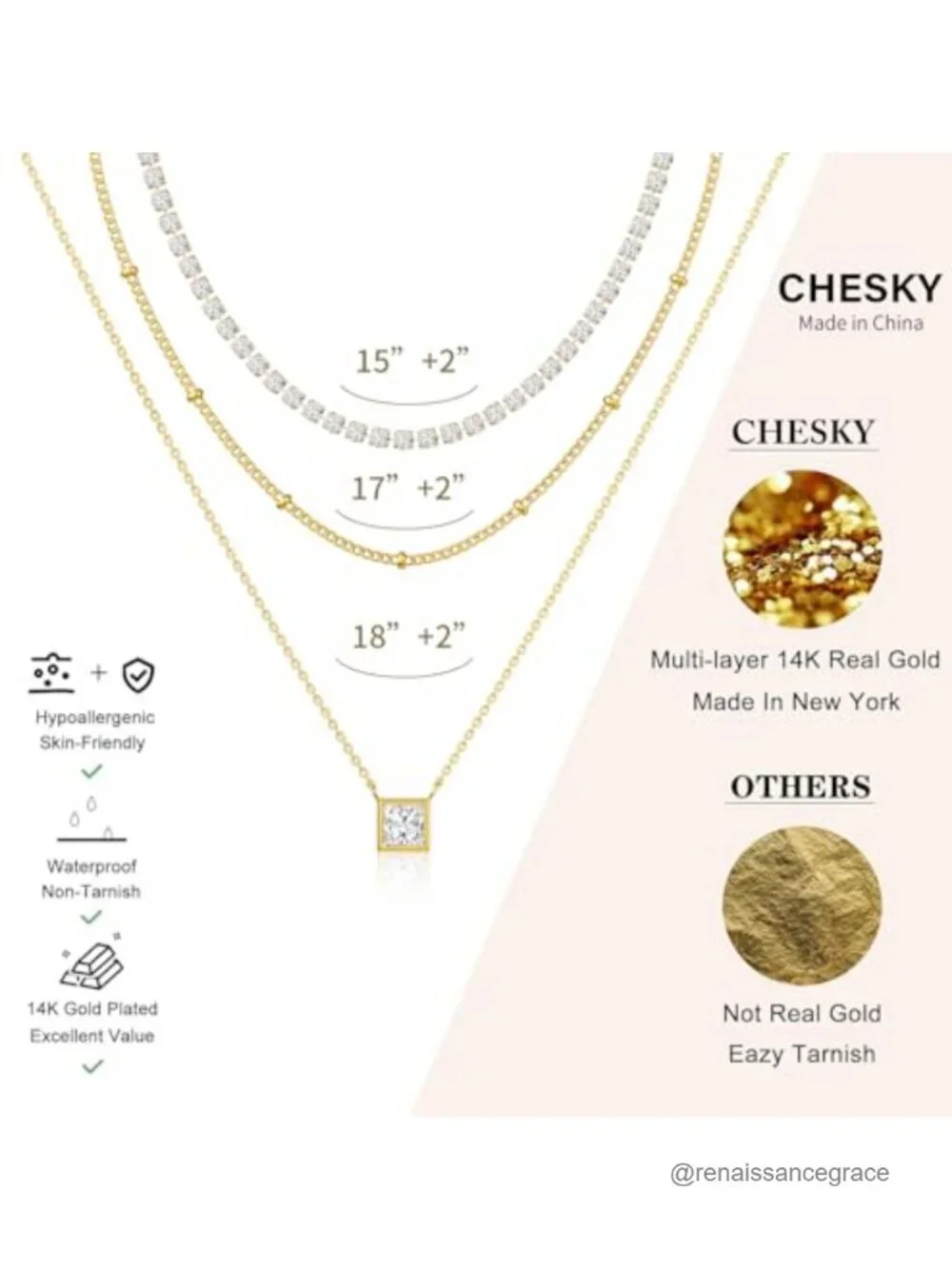 14K Gold Plated Layered Pendant Necklace Set with Cubic Zirconia